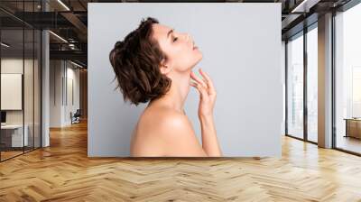 Closeup profile photo of attractive beautiful naked lady bob short hairstyle sensual aesthetic beauty touch hand arm silky neck skin eyes closed isolated grey color background Wall mural