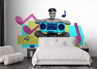 Collage artwork graphics picture of funky guy listening boom box songs music isolated white color background Wall mural