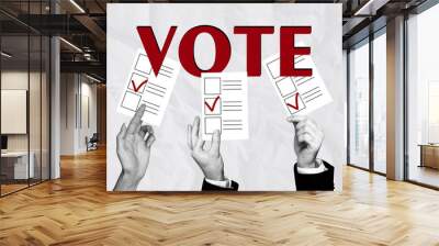 Collage artwork of people use vote presidential legal election referendum holding bulletin checkmark paper blank Wall mural