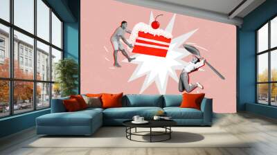 Collage artwork picture of two excited black white colors people jumping hold piece cake spoon isolated on drawing background Wall mural