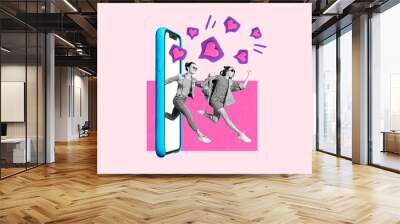 Collage creative illustration of crazy funky two friends phone display screen go fast hurry sale discount isolated on drawing background Wall mural