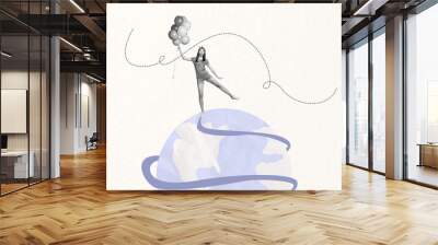 Collage image artwork of charming lovely cute woman hold balloons fly air isolated on drawing background Wall mural