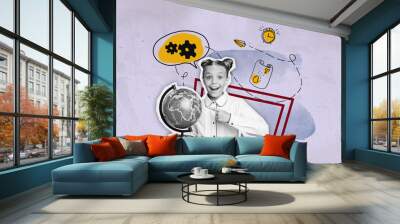 Collage of excited happy black white colors kid point finger planet earth world globe mind bubble cogwheel mechanism isolated on paper background Wall mural