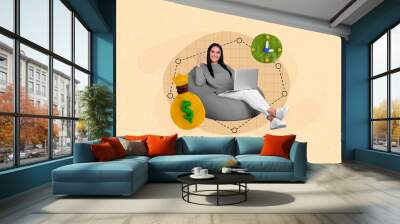 Collage of young satisfied business worker show okey sign hold netbook beanbag money sack plasticine timer isolated on beige background Wall mural