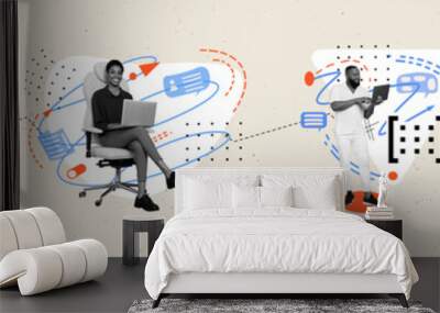 Collage panorama artwork of different working people communications sphere sending messages emails or sms online isolated over gray color background Wall mural