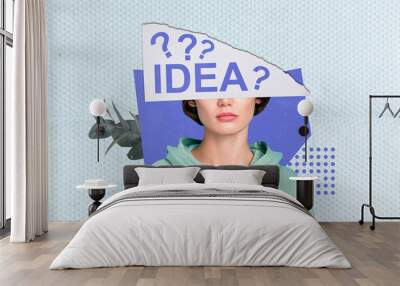 Collage photo composition of young woman idea questions startup idea solution business creative plan isolated on blue color background Wall mural