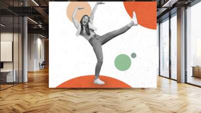 Collage photo of happy girl with black white visual effect go crazy dancing isolated on pastel colorful circles picture background Wall mural