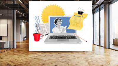 Collage photo of remote education courses point finger paper first lesson internet preparation examination drink coffee isolated on white background Wall mural