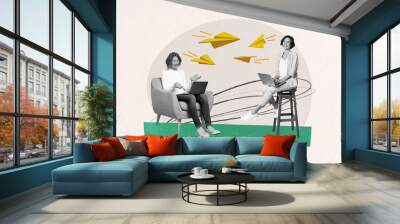 Collage photo of two young colleagues remote type job working online sitting chair use netbooks share messages isolated on grey background Wall mural