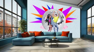 Collage photo poster party invitation funny people couple dance crazy raise hands up near retro discoball nightclub isolated on painted background Wall mural