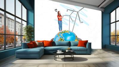 Collage picture illustration metaphor of cute lady watching propellers wind farm european green energy earth isolated on white background Wall mural