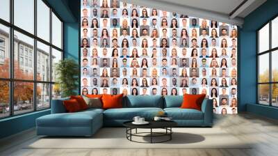 Collage picture of different cheerful adult people expressing happiness. beautiful white human smiles Wall mural