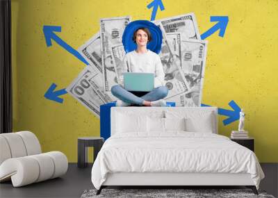 Collage picture of positive successful girl sit podium cube use netbook big dollar money bills arrow pointers isolated on yellow background Wall mural