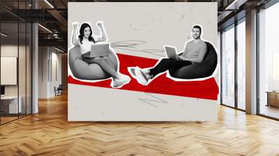 Collage picture of two positive black white colors people sit beanbag use netbook raise fists triumph isolated on grey background Wall mural