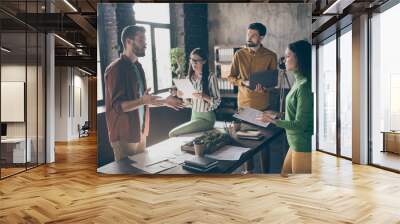 Company of four nice focused busy skilled qualified businesspeople professional IT experts specialists discussing new innovation at industrial loft interior style work place station office Wall mural