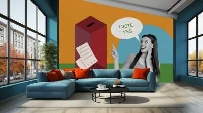 Composite artwork collage of call election choice democracy young lady finger point container checklist choice speech cloud i vote yes Wall mural