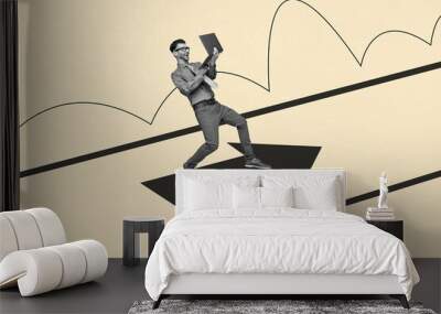 Composite artwork collage of young excited man surfing huge arrow staring laptop hold in hand office manager project success developer Wall mural