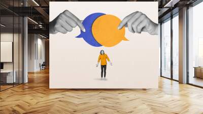 Composite collage illustration of small clueless guy shrug shoulders look two big arms hold dialogue bubble Wall mural