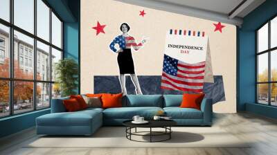 Composite collage image of businesswoman point calendar national independence america day fourth july concept weird bizarre unusual fantasy Wall mural