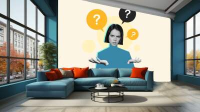 Composite collage image of confused black white effect girl question mark mind bubble isolated on painted background Wall mural