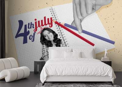 Composite collage image of pretty female write notebook national independence america day fourth july concept freak bizarre unusual fantasy Wall mural