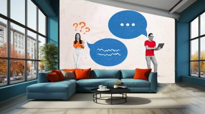 Composite collage image of two back white effect people use smart phone netbook dialogue bubble isolated on creative background Wall mural