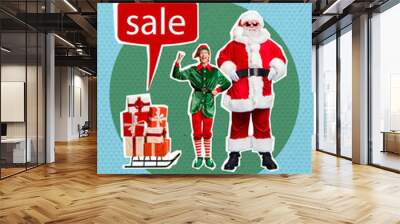 Composite collage picture image of santa claus elf helper workshop sledge presents gifts delivery sale shopping pop sketch artwork abstract Wall mural