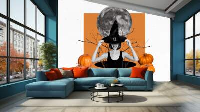 Composite creative photo abstract collage of scary woman wear touching wizard hat at halloween night isolated on painted background Wall mural