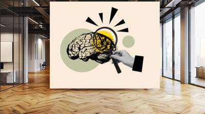 Composite illustration photo concept abstract collage of arm hold enlarge glass studying brain isolated creative drawing background Wall mural