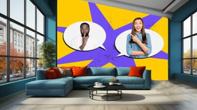 Composite photo collage of american astonished girl guy communication bubble speech concept talk dialogue isolated on painted background Wall mural