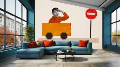 Composite photo collage of astonished guy driver cabriolet vehicle road forbidden sign no passage symbol isolated on painted background Wall mural