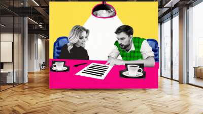 Composite photo collage of business people girl guy discuss project paper sheet office table cup light lamp isolated on painted background Wall mural