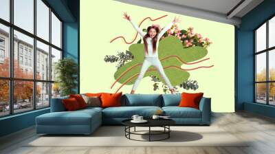 Composite photo collage of excited girl teenager jump spring flowers bloom branch woman holiday celebration isolated on painted background Wall mural