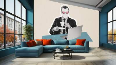 Composite photo collage of faceless businessman drink coffee cup make break sunglass watch macbook screen isolated on painted background Wall mural