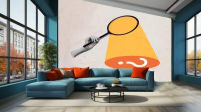 Composite photo collage of hand hold magnifier glass research examine secret object question mark secret isolated on painted background Wall mural