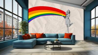 Composite photo collage of happy blonde girl wear casual dress rainbow lgbt symbol propaganda pride spread isolated on painted background Wall mural