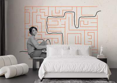 Composite photo collage of happy girl sit near difficult labyrinth riddle path line route maze game isolated on painted background Wall mural