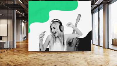 Composite photo collage of happy girl wear headphones listen music acoustic guitar hold player song melody isolated on painted background Wall mural