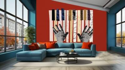 Composite photo collage of male hands piano player keyboard musician artist concert hobby entertainment isolated on painted background Wall mural