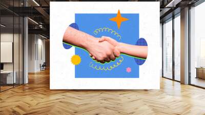 Composite photo collage of people hand shake greeting gesture agreement success deal love together sympathy isolated on painted background Wall mural