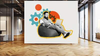 Composite photo collage of serious businessman type macbook device sit beanbag gearwheel settings it isolated on painted background Wall mural