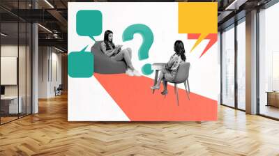 Composite photo collage of two happy businesswoman hiring interview sit beanbag table write notes candidate isolated on painted background Wall mural