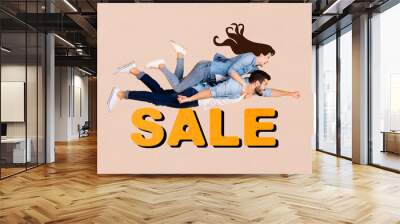 Composite photo collage of two happy girl guy fly together superhero sale black friday offer market promo isolated on painted background Wall mural