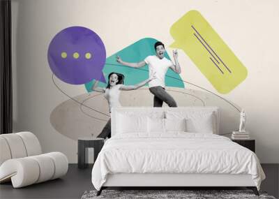 Composite photo collage of two happy girl guy run together colorful text box communication phrase speech isolated on painted background Wall mural