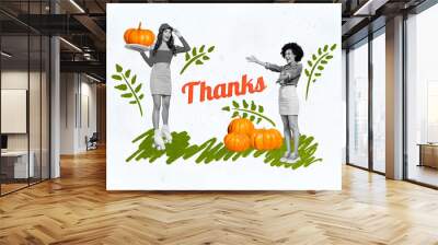 Composite photo collage of two happy girls thanksgiving day gathering celebration meeting pumpkin isolated on painted background Wall mural