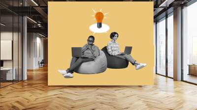 Composite photo collage of two minded black white girls freelance worker hold macbook think idea light bulb isolated on painted background Wall mural