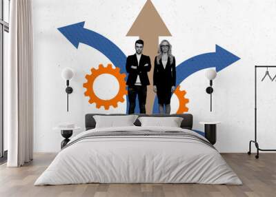 Composite photo collage of two serious man girl business partners work progress settings cogwheel optimization isolated on painted background Wall mural