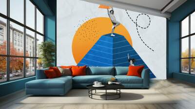 Composite sketch image trend artwork photo collage of circle workspace arrow show direction high two lady hold hand pyramid happy jump Wall mural