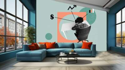 Composite trend artwork 3D sketch image photo collage of office manager hand hold huge arrow target goal money young man trader business Wall mural