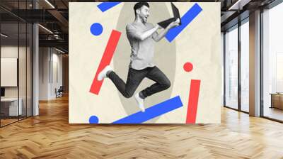 Composite trend artwork 3D sketch image photo collage of workspace red blues line element ball young man levitate type laptop jump high Wall mural